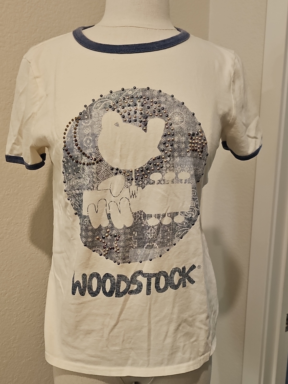 Lucky Brand Cream & Navy Woodstock Graphic Ringer Tee